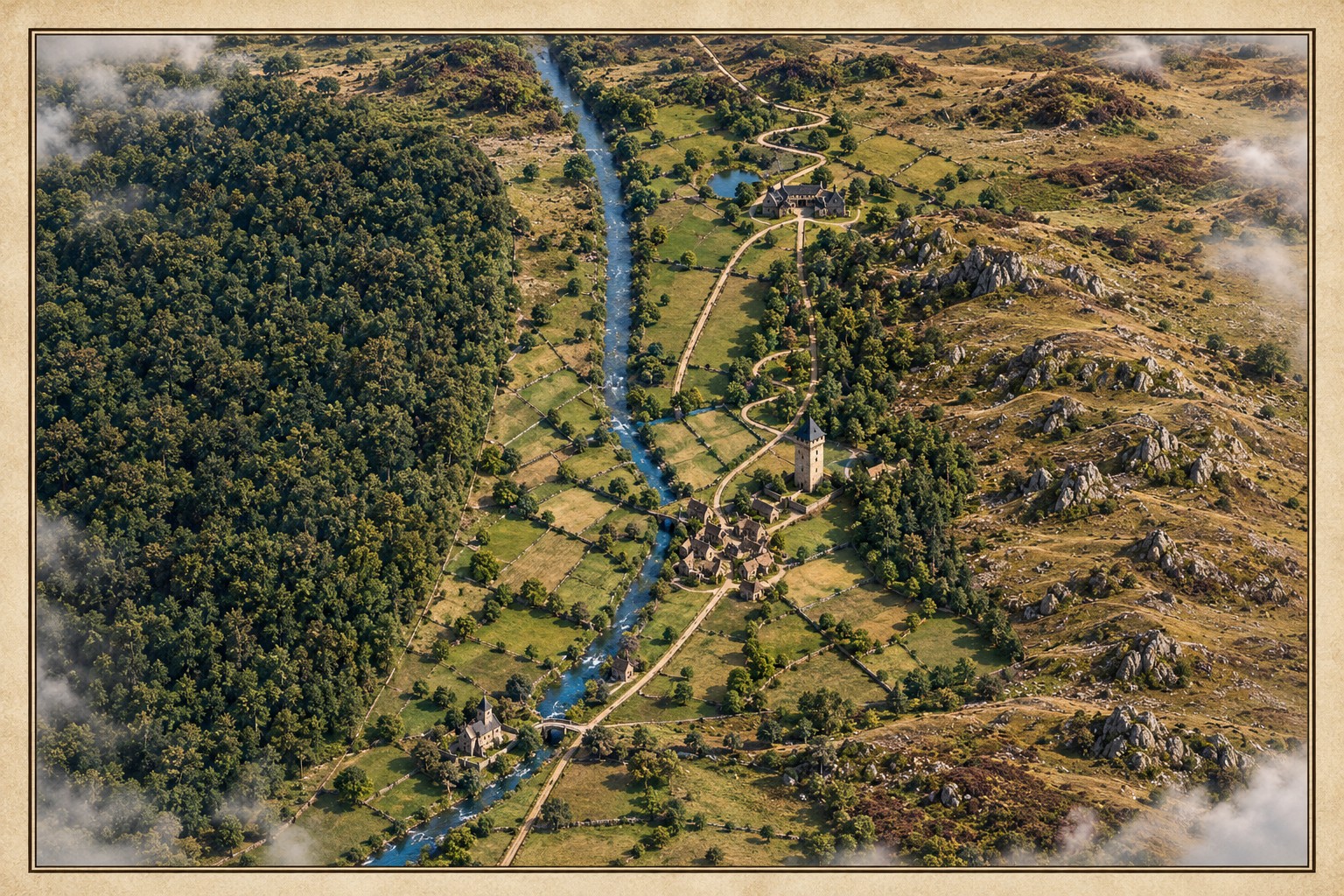 A painted bird's-eye view of Wending Vale. Moorland runs across the top and down the east side. A river runs down the middle from north to south-west. The Thornbridge road zig-zags down from the moor to a crossroads inn, then runs south through a long wood at the foot of a ridge to the village of Wend. The ridge lies to the east, and an abbey stands by the river in the south-west. The places are listed below the map.
